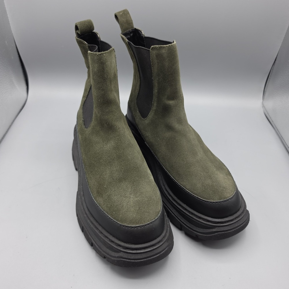Maeve Anthropologie Chelsea Boots Womens 38 Green Suede Chunky Lug Sole Platform